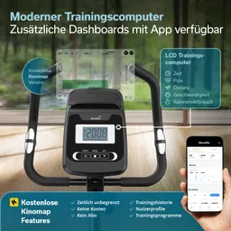 Trainingscomputer mit LCD-Display zur Anzeige von Zeit, Puls, Distanz, Geschwindigkeit und Kalorienverbrauch.