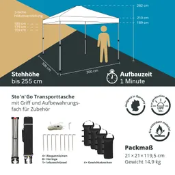 Zelt mit Maße und Standhöhe bis 255 cm, Aufbauzeit 1 Minute. Zubehör und Transporttasche dargestellt, mit Gewichtsangaben.