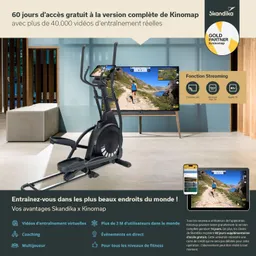 Bild eines Trainingsgeräts (Ellipsentrainer) in modernem Raum, Bildschirm mit Landschafts-Trainingsvideo im Hintergrund, Informationen über Kinomap-Abo und Streaming.