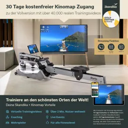 Rudergerät in modernem Raum, großer Fernseher mit Trainingsvideo im Hintergrund, Angebote für Kinomap-Training sichtbar.