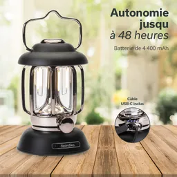 Tischlampe im Vintage-Stil mit schwarzem Sockel und transparentem Glas, auf einem Holztisch platziert. Textinformationen an der Seite.