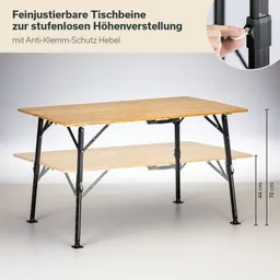 Faltbarer Tisch mit zwei Ebenen und verstellbaren Tischbeinen. Über dem Tisch sind Maße von 44 cm und 70 cm sichtbar.