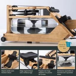 Wasser-Rudergerät aus Holz mit Wassertank. Ergonomischer Sitz, verstellbare Fußstützen und Griff für den Widerstand.