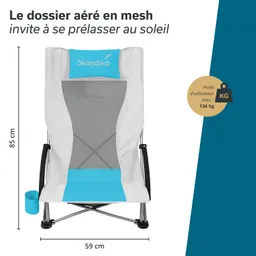 Faltstuhl mit mesh Rückenlehne, hellgrau und blau, Maße 85 cm hoch und 59 cm breit, Maximallast 136 kg. Getränkehalter vorhanden.