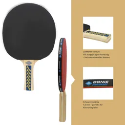 Tischtennisschläger mit schwarzer und roter Belagsseite sowie konkavem Griff. Informationen zur Griffform und Schwammstärke.