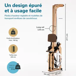 Wassertretgerät aus Holz mit verstellbarem Sitz, Laufschiene und transportablen Gummirädern. Maße und Gewichtsangaben sind angegeben.