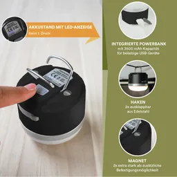 Eine tragbare Lampe mit Powerbank-Funktion, Haken aus Edelstahl und Magneten zur Befestigung. Akku-LED-Anzeige sichtbar.