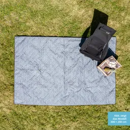 Blaue Picknickdecke auf grünem Gras, daneben ein schwarzer Rucksack und ein Korb mit Obst und Geschirr.
