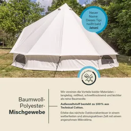 Weißes Tipi-Zelt auf einer Grasfläche, umgeben von Bäumen. Textinformationen zu Material und Eigenschaften des Zeltes.
