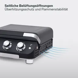 Gasgrill mit seitlichen Belüftungsöffnungen. Zwei Drehregler und eine Zündung sind sichtbar. Moderne Bauform.