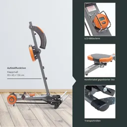 Faltbares Trainingsgerät mit LCD-Bildschirm, gepolstertem Sitz und Transportrollen auf einem Holzfußboden.
