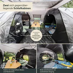 Zwei gegenüberliegende Schlafkabinen in einem Zelt mit Tisch, Stühlen und Schlafmatten. Innenraum in Schwarz und Grün.