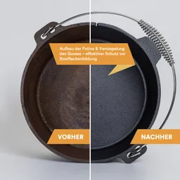 Gusseiserne Pfanne, links rostig und unbehandelt, rechts glänzend und versiegelt. Beschriftung "Vorher" und "Nachher".