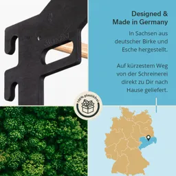 Schwarze Holzhalterung aus Birke und Esche, Textinformationen, Waldbild und Deutschlandkarte im Hintergrund. 100% plastikfrei.