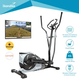 Eingekreuzter Heimtrainer mit Digitaldisplay und Bildschirm, der eine Naturlandschaft zeigt. Markenzeichen "Skandika".