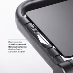 Schnellstarttasten und Handpulssensoren eines Laufbands mit einem schwarzen, strukturierten Griff und einem flachen Panel.