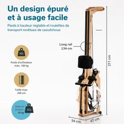 Wasserrowing-Maschine aus Holz mit verstellbaren Füßen und schwarzem Sitz. Abmessungen und Benutzergewicht sind angegeben.
