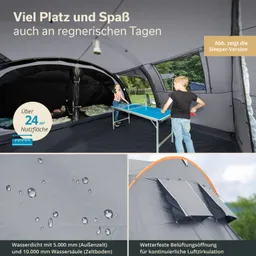 Zeltinnenszene mit Tischtennisplatte. Kinder spielen, Zelt mit großem Raum, Wasserdichtheit und Belüftungsöffnung beschrieben.