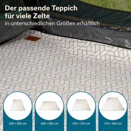 Teppich mit geometrischem Muster in einem Zelt. Darunter verschiedene Größenangaben: 200×300 cm, 300×300 cm, 250×310 cm, 310×450 cm.