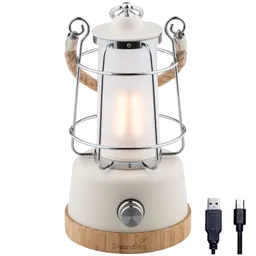 Tischlampe im Vintage-Stil mit Metallgitter und Seilgriff, weißem Lampengehäuse und Bambusfuß, USB-Kabel daneben.