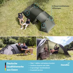 Zelt in der Natur mit zwei sitzenden Personen auf Klappstühlen. Oben sind vier Ventilationsöffnungen markiert.