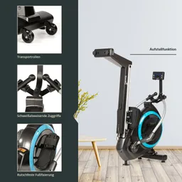 Rudergerät in Schwarz mit blauen Akzenten, Griffen und digitalem Display. Teile zeigen Transportrollen, Zugriffe und Fußfixierung.