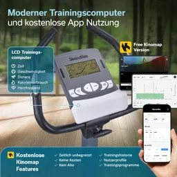 Trainingcomputer mit LCD-Display, App-Nutzung, Daten zu Zeit, Geschwindigkeit, Distanz, Kalorien und Herzfrequenz.
