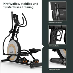 Ellipsentrainer mit Handpulssensoren, Getränkehalter und Transportrollen. Gerätestruktur aus schwarzem und hellem Material.