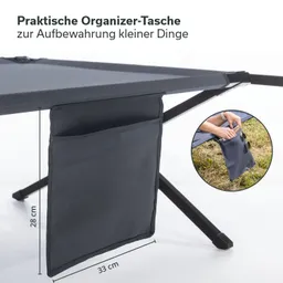 Graue Organizer-Tasche mit zwei Fächern, befestigt an einem Tisch, Maße: 28 cm x 33 cm. Kleines Detailbild zeigt Nutzung.