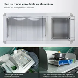 Faltbare Arbeitsplatte aus Aluminium mit Spüle und Campingkocher in einem grünen Zelt. Zubehör und Schutzwände sichtbar.