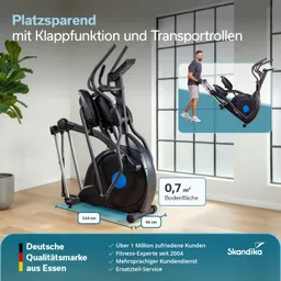 Kompakter Crosstrainer mit Klappfunktion und Transportrollen. Maße: 114 cm x 56 cm, benötigt 0,7 m² Fläche. Innenraum mit Fenster.