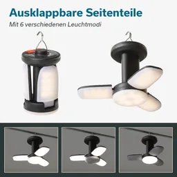 Eine tragbare Lampe mit ausklappbaren Seitenteilen in Schwarz und Weiß, dargestellt in verschiedenen Leuchtmodi.