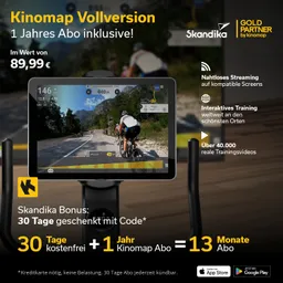Screenshot einer Werbung für ein Kinomap-Abonnement. In der Mitte ein Bildschirm mit einer Trainingsansicht, links Informationen zu Preisen und Angebot.