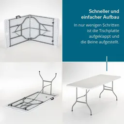 Faltbarer Tisch in drei Ansichten: einmal zusammengeklappt, einmal mit ausgeklappten Beinen und einmal voll aufgebaut.
