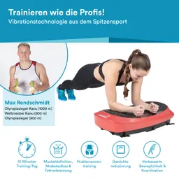 Person macht eine Plank-Übung auf einer Vibrationsplatte. Im Hintergrund steht ein Mann mit Gewichten, Text und Symbole zu Training.