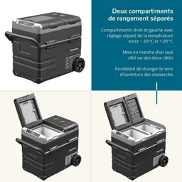Kühlbox mit zwei getrennten Fächern, Temperaturregelung, Traggriff und Rollen. Oben offene Deckel in zwei Positionen.