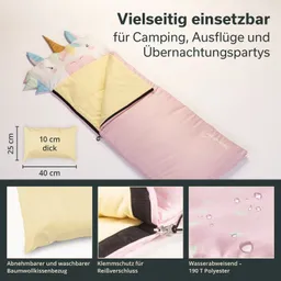 Schlafsack mit Einhorn-Motiv in Rosa und Gelb, abnehmbarem Kissenbezug, wasserabweisend. Abmessungen und Details in Bildern.