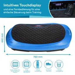 Vibrationsplatte in Blau mit rutschfester Oberfläche, LCD-Display und Fernbedienung. Maße: 780 mm x 440 mm.