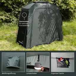 Zelt in Dunkelgrün im Freien, umgeben von Bäumen. Enthält Details zu Belüftung, Lampenhaken und Organizer-Tasche.