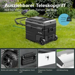 Kühlbox mit ausziehbarem Teleskopgriff, stabilen Rädern und integriertem Flaschenöffner. Im Hintergrund grünes Gras.