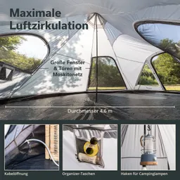 Zeltinnenseite mit großen Fenstern und Türen, Moskitonetz, Kabelöffnung, Organizer-Taschen und Haken für Lampen.