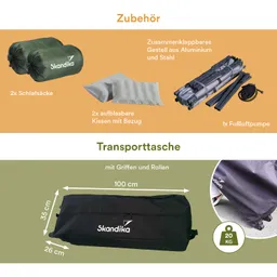 Schlafzubehör und Transporttasche von Skandika. Enthält zwei Schlafsäcke, zwei aufblasbare Kissen, ein Gestell und eine Fußluftpumpe.