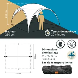 Zeltillustration mit Höhenangabe von 230 cm und Montagezeit von 20 Minuten. Maße und Gewicht des Verpackungsbeutels sind angegeben.