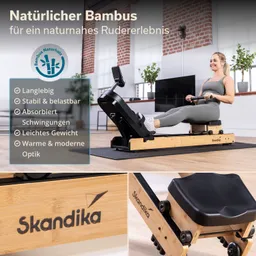 Rudergerät aus Bambus, Person sitzt darauf. Textinformationen über Eigenschaften wie Stabilität, Gewicht und Optik.