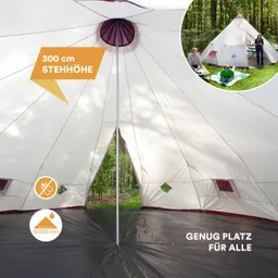 Zelt mit cremefarbener Innenansicht, 300 cm Stehhöhe, grauem Boden und Fensteröffnungen. Außenansicht eines ähnlichen Zeltes im Wald.