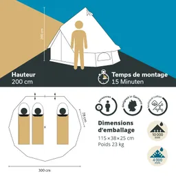 Ein Zelt mit einer Höhe von 200 cm ist abgebildet. Es sind Montageinformationen und Abmessungen angegeben. Das Zelt bietet Platz für drei Personen und hat Maße von 300 cm x 78 cm im Inneren. Verpackungsmaße und Wasserdichtigkeit sind ebenfalls aufgeführt.