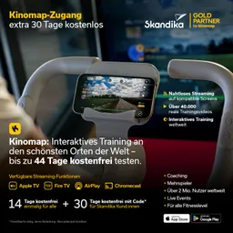 Frau sitzt auf einem Heimtrainer mit einem Bildschirm. Links sind Informationen zu einem Fitnessanbieter aufgelistet.