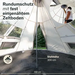 Zeltinnenseite mit Zeltboden. Sicht auf Zeltdach und zentralen Stützpfosten. Maße und Materialinformationen sind eingeblendet.