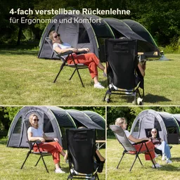 Zwei Personen sitzen auf verstellbaren Stühlen in einem grünen Garten. Im Hintergrund ist ein Zelt mit Fenstern zu sehen.