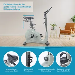 Heimtrainer in heller Farbe mit ergonomischem Sattel, Halterung für Getränke und verstellbaren Pedalen in modernem Raum.